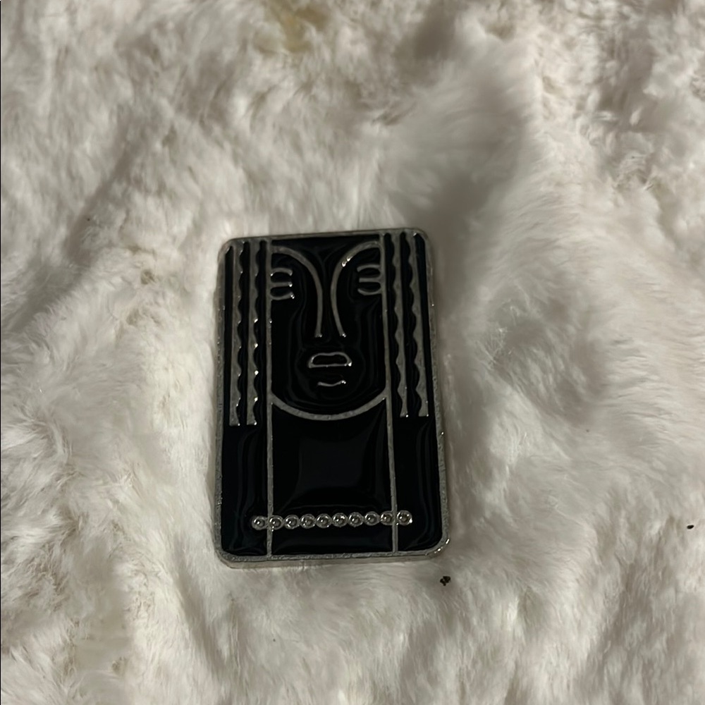 Black Enamel Face Pin with Silver Accents